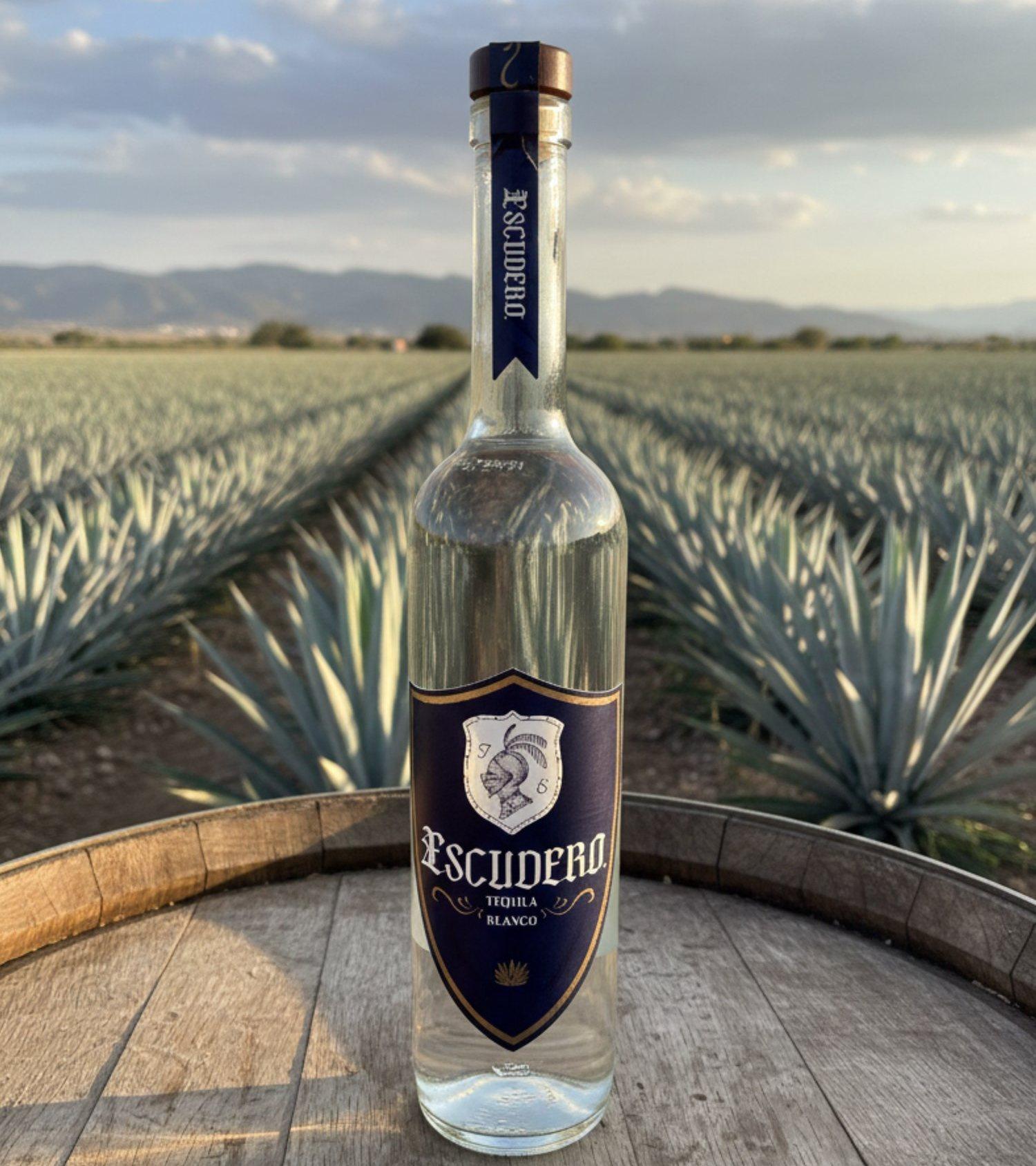 A bottle of Tequila Escudero on a barrel, in an agave field in Arandas, Jalisco
